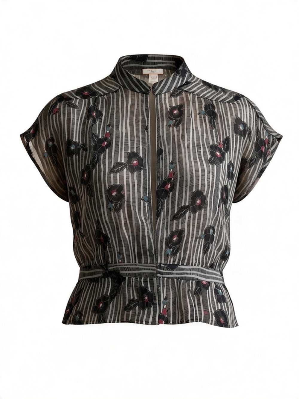 Lux 100% Silk Sheer Striped Floral Blouse